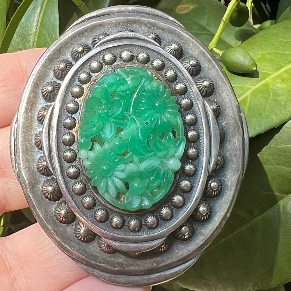 VINTAGE CHINESE EXPORT STERLING CARVED PEKING GLASS STATEMENT PENDANT PIN BROOCH - Picture 2 of 16